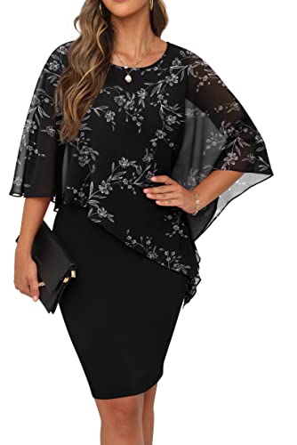 QIXING Womens Summer Casual Dress Loose Batwing Sleeve Crew Neck Chiffon Cape Elegant Midi Cocktail Pencil Dresses for Women UK for Funeral Party Wedding (FP White Leaf-Black, XXL)