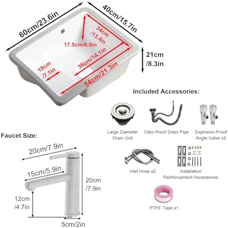 White Ceramic Undermount Utility Sink with Washboard & Stainless Steel Faucet, Perfect for Laundry Rooms & Balconies, 60x40x21cm (23.6x15.7x8.3in)