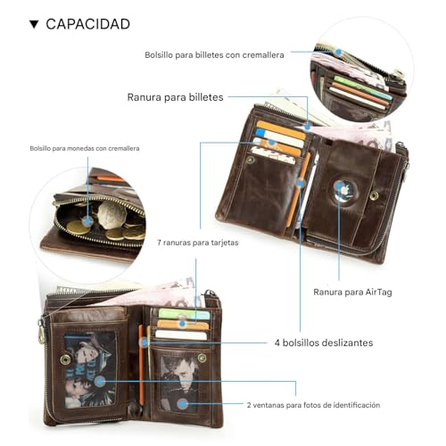 Contacts Leather Wallet for Men Small Bifold RFID Purse Brown Zipper Vintage Removable AirTag Coin Pocket Card Holder with Photo Window4