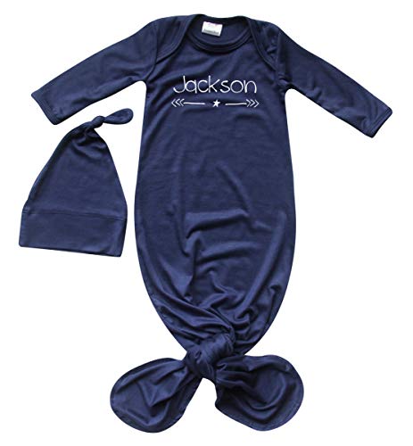 Image of Rocket Bug Silky Knotted Baby Gown with Knotted Hat, Unisex, Boys, & Girls, Infant Sleeper-Personalized with Name-Star and Arrow