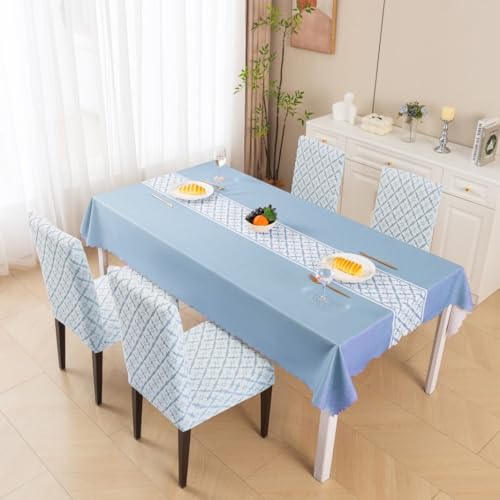 Image of HOMETHREADS Stretchable Elastic Jacquard Chair Seat Cover and Waterproof Dining Table Cover | Removable,Washable & Durable Chair Protector |for Dining Room (F Blue, 4Chairs+1Table Cover (150X180))