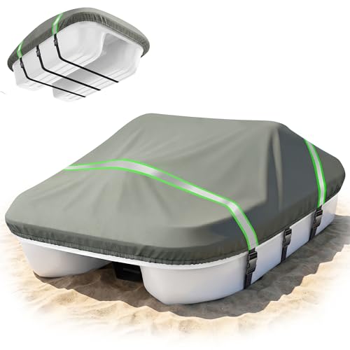 Heavy Duty Pedal Boat Cover Waterproof 600D Paddle Boat Cover with Night Safety Reflective Strips | Windproof Straps UV Resistant Marine Grade Fits 3 or 5 Person Paddle Boats Protector-Gray