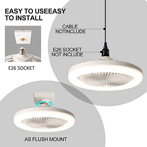 Obcgt 10-In Bladeless Fan Bulb E26 Enclosed Soket Ceiling Fans With Light Dimmable 3 Wind Speeds 3 Light Remote Flush Mount Mini Chandelier For Garage Utility Room Tool Room (White) #TOP2