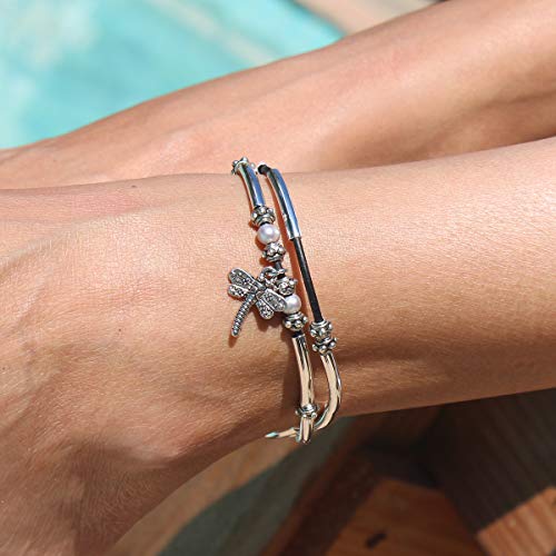 Lizzy James Lucy Anklet In Natural Black Leather Silver Plate Crescents With Freshwater Pearls (Silver Dragonfly Charm, 11 Inch) #TOP3