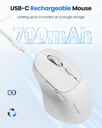Image of TECKNET Wireless Mouse Bluetooth 5.0 /3.0 & 2.4G Rechargeable, Silent Clicks, Adjustable 4800 DPI, 6 Buttons, Ergonomic Design, Bluetooth Mouse for Laptop, Computer, ipad - White