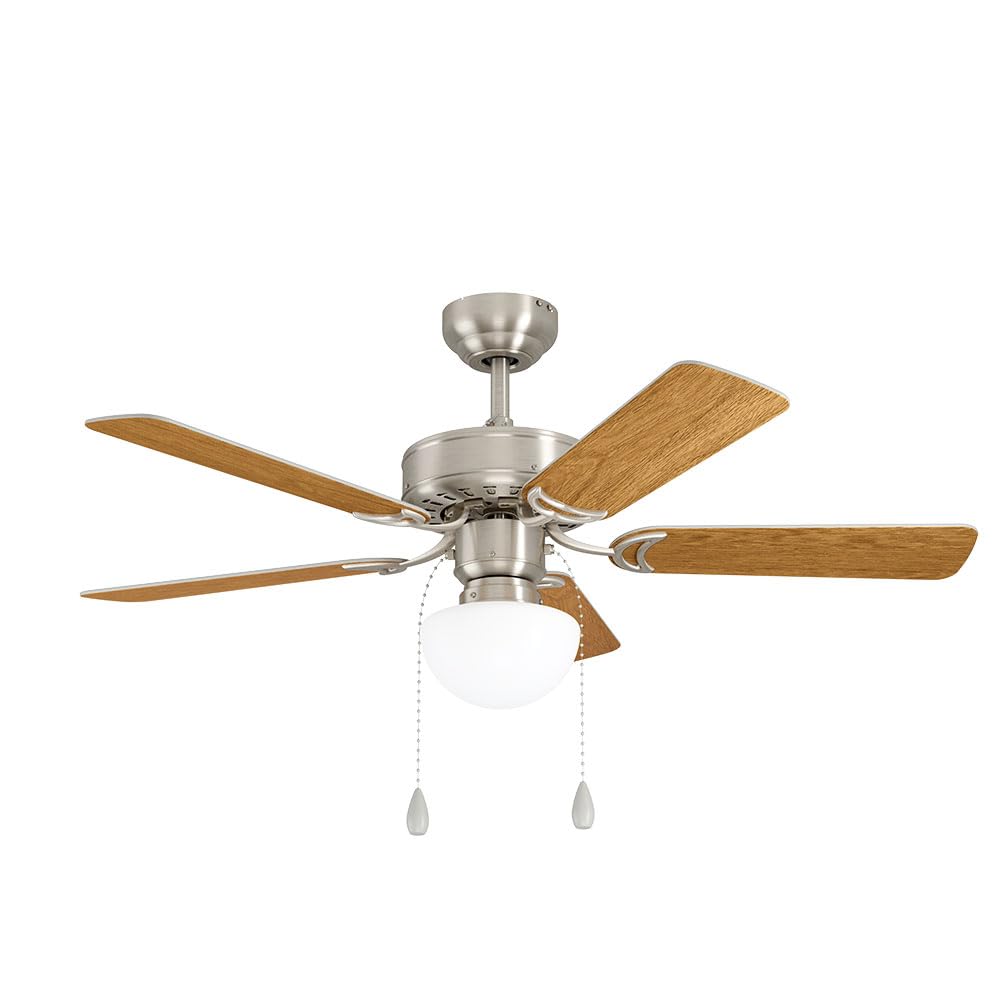 EGLO Deckenventilator CADIZ, 5 Flügel Ventilator mit Licht, Zugkette, Wendeflügel aus MDF in Silber oder Eiche, Gehäuse aus Stahl in Nickel-Matt, Sommer Winter Betrieb, AC Motor, Ø 106,6cm