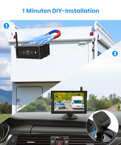 AUTO-VOX Magnetische Rückfahrkamera Kabellos Akku:1-Minuten-Installation, 5 1080P Monitor, IP69K-wasserdicht, Nachtsicht & Rückfahrkamera Funk für Wohnwagen, LKW, Auto, Wohnmobil, Anhänger