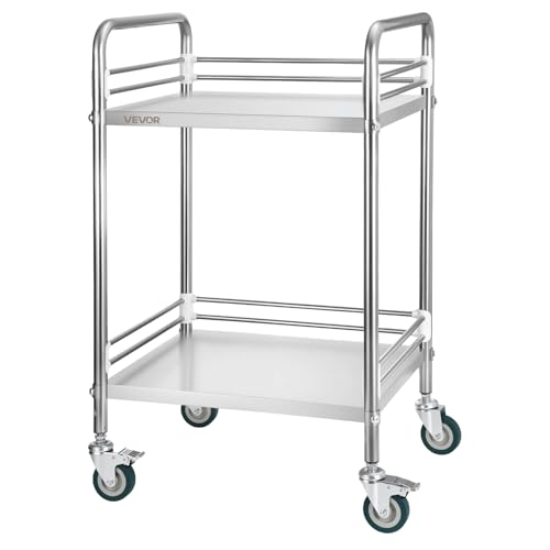 VEVOR Chariot de Service Utilitaire à 2 Niveaux, Desserte en INOX avec Roues Verrouillables, pour Soins Médicaux Hôpital Clinique Restaurant Cuisine et Salon de Coiffure, Chariot de Laboratoire – vue 9