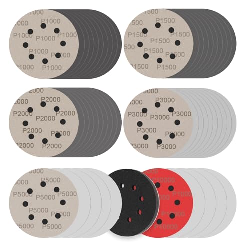 BODHTAT ディスクペーパー 51枚 125mm 8穴 丸型 サンダーペーパー マジック式 耐水 サンドペーパー（1000#/1500#/2000#/3000#/各10枚、5000#/10000#/各5枚+アダプターパッド1枚）電動サンダー用 サンディングパット 木工DIY作業に 金属磨き用 車の研磨 ランダムアクションサンダー用 サンディング