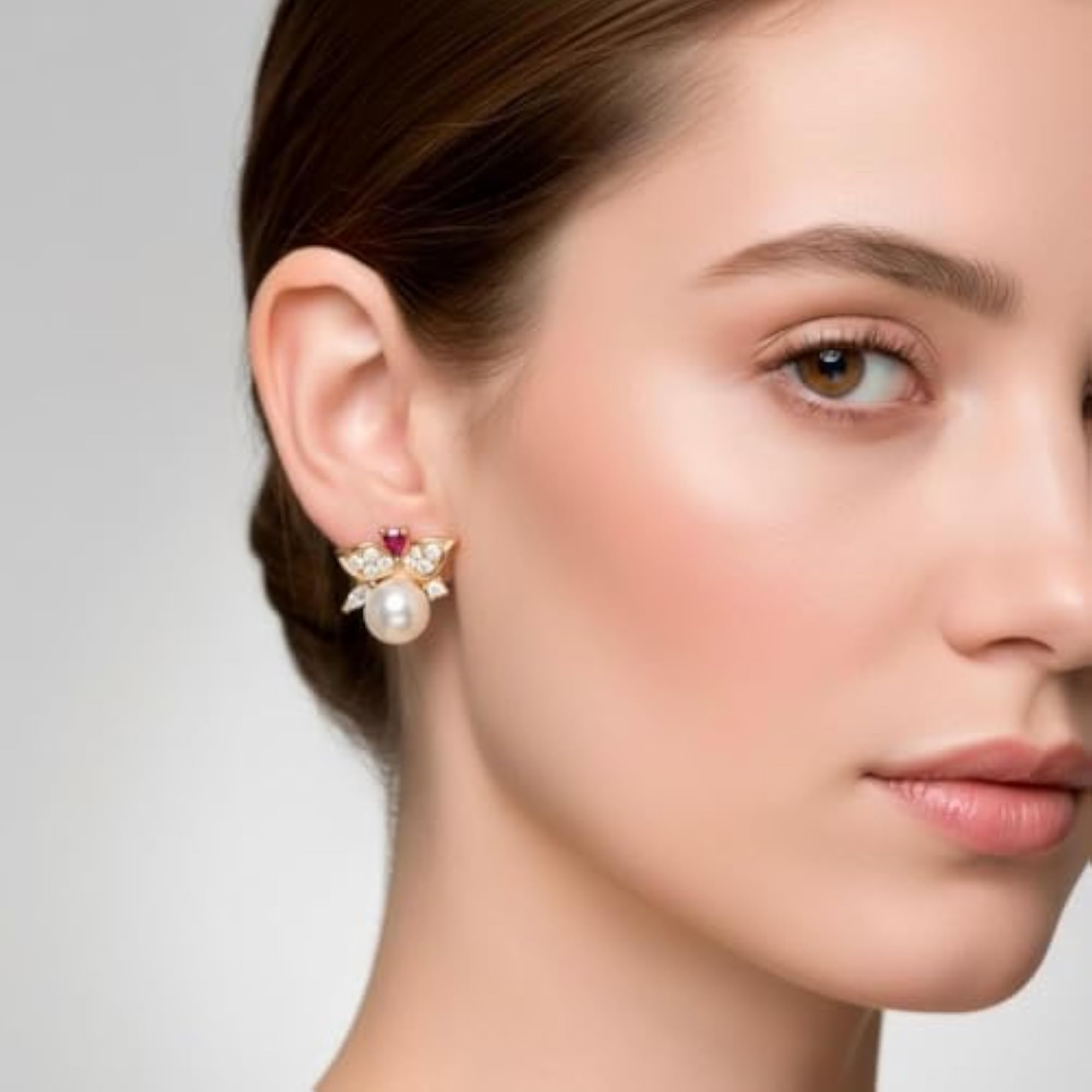 Women's 925 Silver Rose Gold Flower Pearl Stud Earrings