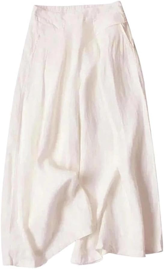 Women's Cotton Linen Cropped Culottes Elastic Waist Palazzo Pants with Pockets