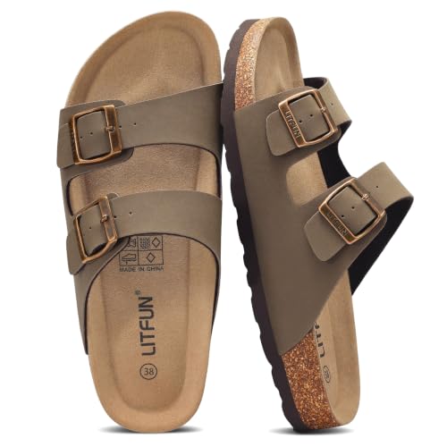 Litfun Unisex Cork Footbed Sandal Summer Slip On Slide Sandals with Adjustable Buckle for Women Men, Taupe (8-8.5 Women/6.5-7 Men)