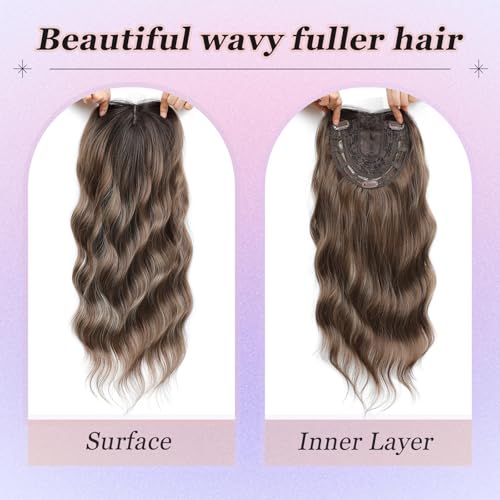 Hair Toppers for Women, 20 Inch Long Curly Wavy Hair Topper 360° 3D French Clip in Bangs (Highlights Brown with Brown Root, Side Bangs)