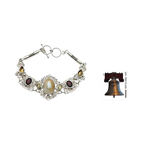NOVICA Artisan Handmade Cultured Pearl Garnet Filigree Bracelet Balinese Gemstone Silver Lace Sterling Citrine Multigem White Pendant Indonesia Birthstone [7 in min L x 7.5 in max L x 1.1 in W] '3