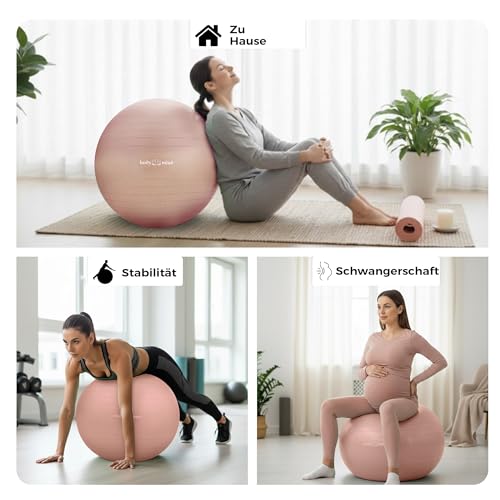 Body & Mind Gymnastikball inkl. Luftpumpe - Anti-Burst Pilates Ball, Pezziball für Schwangerschaft Ergonomischer Sitz als Büro-Stuhl, Sitzball für Yoga, Gymnastik & Workout (Rose, 55 cm)