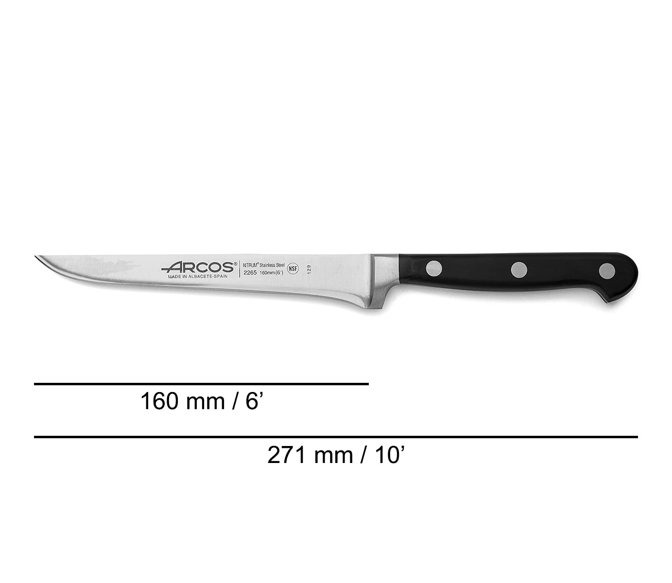 Arcos Boning Knife 6 Inch Nitrum Stainless Steel and 160 mm blade. Professional Butcher Knife to Slice Bones from Meat. Ergonomic Polypropylene Handle. Series Opera. Color Black.