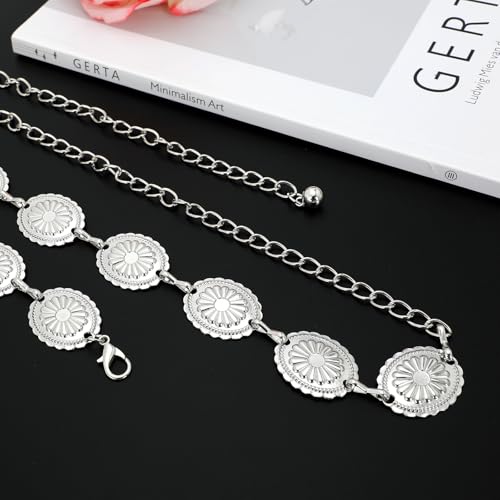 2 Pack Western Metal Concho Chain Belt for Women Girls Cowgirl Boho Waist Chain Country Concert Outfit for Dress (Gold+ Silver)4