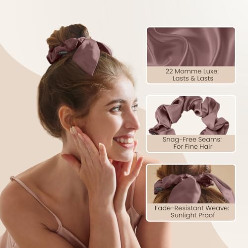 Image of THXSILK 100% Mulberry Silk Bow Scrunchies 3-Pack, 22 Momme Mulberry Silk Hair Ties for Women, Cute Bunny Ear No Damage Ponytail Holders, Fashion Hair Accessories for Girls(M, Purple)
