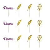 24PCS Glittery Dream Capture Cupcake Toppers, Dream Themed Dessert Decor, Birthday Party Supplies, Feather Food Picks - Gold & Pink