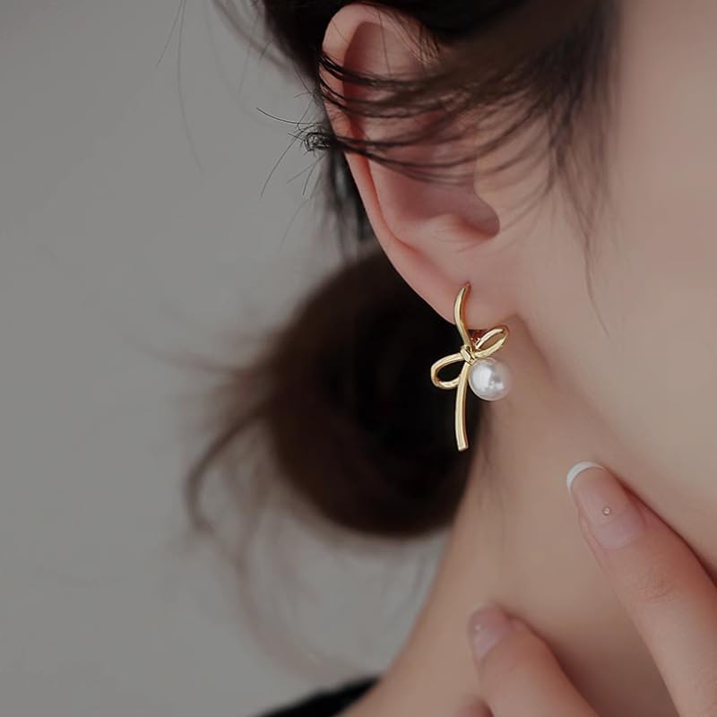 Pearl Bow Earrings for Women Gold Bow Earrings Bow Pearl Stud Earrings Pearl Bowknot Statement Earrings Jewelry Gifts for Women - Image 4