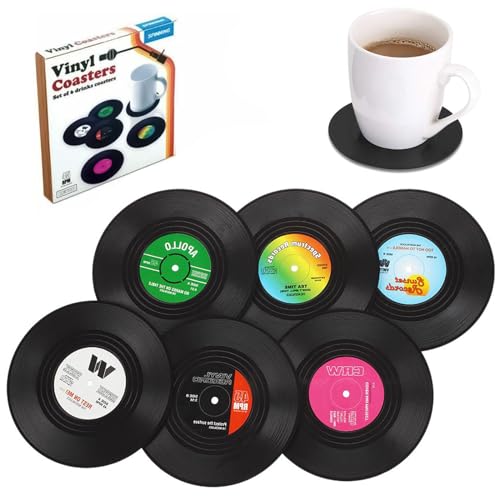Coaster Vinyl Record Disk Bar Coasters for Drinks 6PCS Retro Non-Slip Easy to Clean for Kitchens/Restaurants/Offices/Bedroom/Cake Decoration (CoastersA-6pcs)