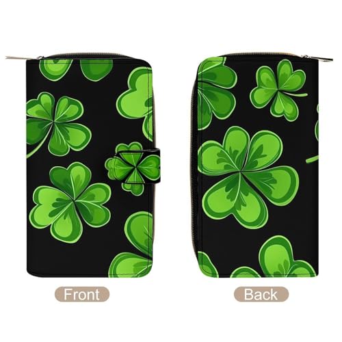 Irish Four Leaf Lucky Clovers Happy St. Patrick's Day Women's Long Wallets Leather Card Holder Purse Zippered Buckle Clutch Handbag3