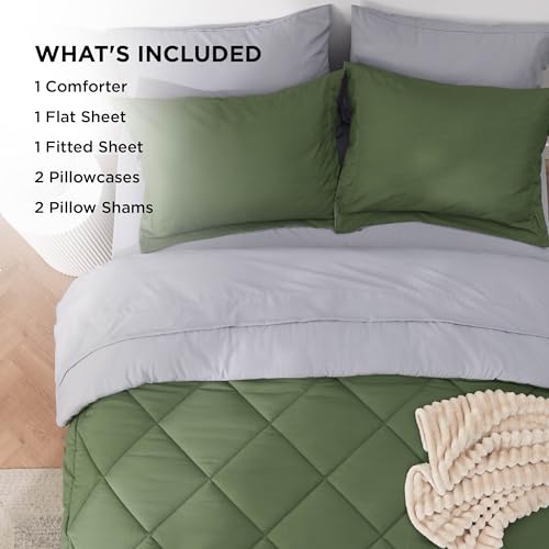 Image of Bedsure King Size Comforter Set - 7 Pieces Reversible Olive Green Bedding, King Size Bed Set for All Seasons, Bed in a Bag with Down Alternative Comforter, Sheets, Pillowcases & Shams