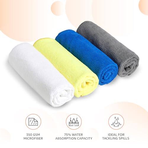 Image of Amazon Basics Pack of 4 Microfiber Cleaning Cloth | 350 GSM | Ultra Soft | Super Absorbent | Reusable | Multicolor| 40cm X 40cm