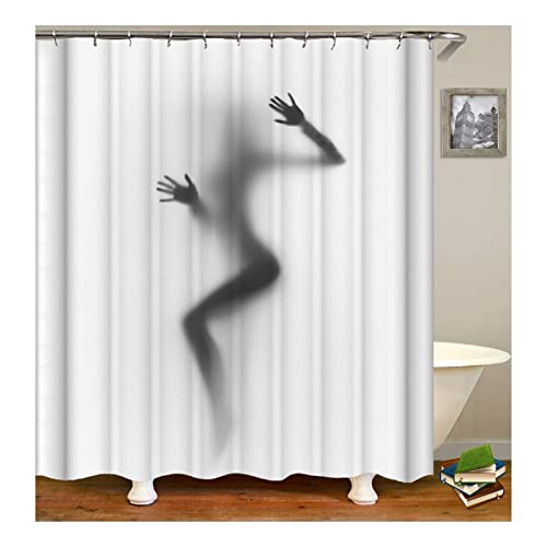 Mesnt Duschvorhang Stoff 180x200, Sexy nackte Frau Silhouette Duschvorhänge für Badezimmer mit C-Ringe, Dunkelgrau Weiß