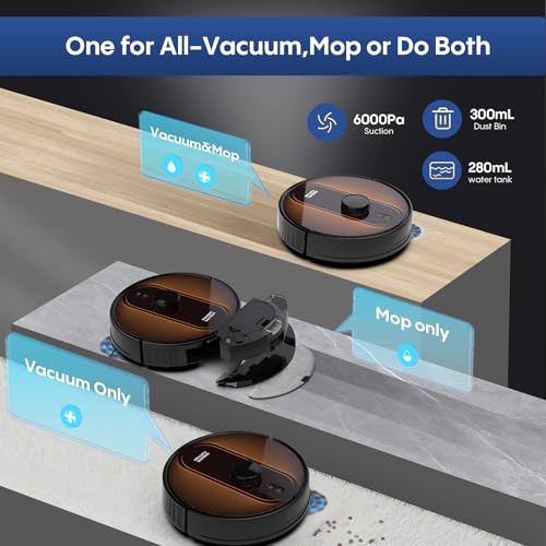 Image of Robot Vacuum and Mop with Mapping: 6000Pa Self Emptying Robotic Vacuum with LIDAR Navigation,3-in-1 Robot Vacuum for 90 Days Hands-Free Cleaning, Alexa /APP Control Ideal for Pet Hair Hard Floor Carpet