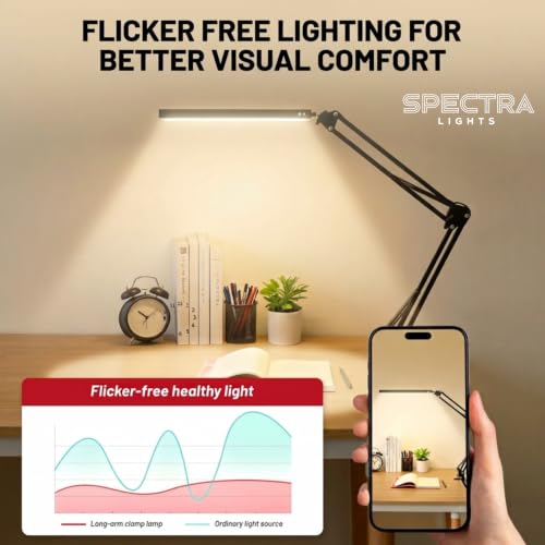 Image of Modern Desklamp with 360 Adjustable arm and clamp, 3 Color Modes & 10 Brightness Level. Eye Caring 12W Table Light - for Office, Study Table, Reading Room, Home