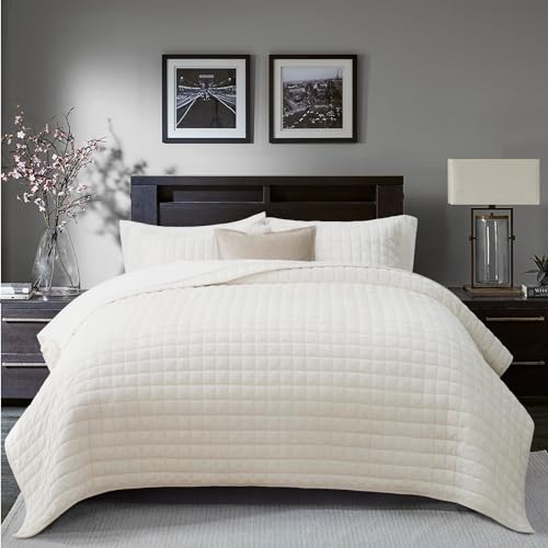 RECYCO Channel Box Stitch Velvet Quilt Set, King Size, Cream White
