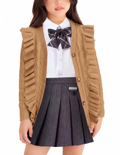 Image of Arshiner Girls Cardigan Sweaters Ruffle School Uniform Sweater V Neck Button Front Outerwear 4-13 Years