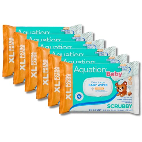 Aquation Baby XL Scrubby Wipes Extra Large 12.5x7.5 Scrubbing Dot Textured Wipes with Vitamin E Hypoallergenic Dermatologist Tested Gentle Care (25 CT 6 Pack 150 Total)