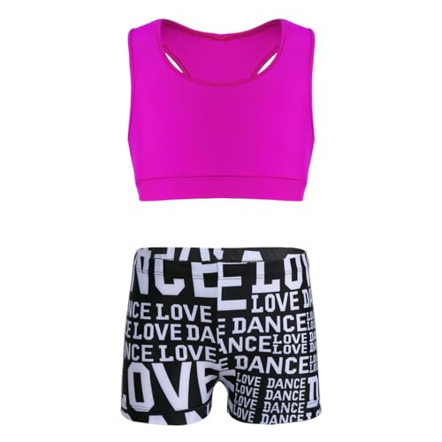 Kids Girls 2 Pieces Dance Outfit Raceback Crop Tank Sport Bra and Sport Shorts Letter Printed Boyshorts Set