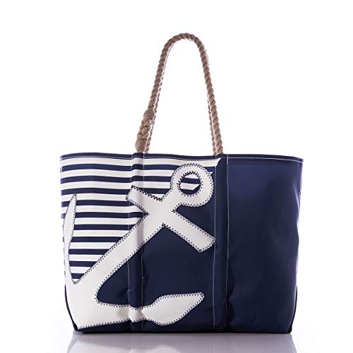 Sea Bags Recycled Sail Cloth Breton Stripe White Anchor Large Tote - Large Travel Bag With Rope Handles