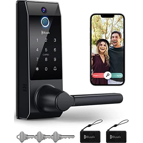 Smart Lock, 3-in-1 Camera+Doorbell+Fingerprint Keyless Entry Door Lock, WiFi Door Lock with Handle, App Control, Anti-Peeping, Auto Lock, IP65 Weatherproof, 3D Biometric Fingerprint Black