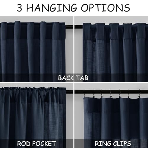 Image of Nanspring Navy Blue Curtains 80 Inches Length for Living Room Back Tab Rod Pocket Semi Sheer Linen Drapes Muted Neutral Boho Indigo Blue Linen Textured Window Curtain for Dining Room 52X80 Inch