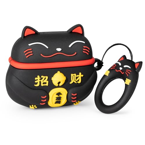YONOCOSTA for AirPods 4 Case, Cute Black Lucky Cat AirPods 4th Generation (2024) Case Funny 3D Cartoon Animal Heavy Duty Protection PVC Charging Cases Cover with Keychain for Kids Girls Women