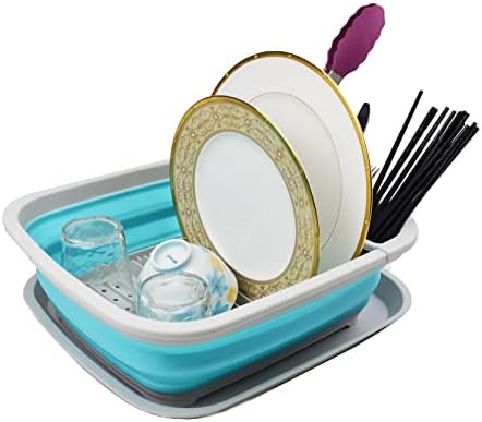 SAMMART 8L Collapsible Dish Drainer with Drainer Board - Foldable Drying Rack Set - Portable Dinnerware Organizer - Space Saving Kitchen Storage Tray (Grey/Cyanine, 1)
