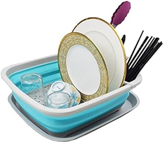 SAMMART 8L Collapsible Dish Drainer with Drainer Board - Foldable Drying Rack Set - Portable Dinnerware Organizer - Space Saving Kitchen Storage Tray (Grey/Cyanine, 1)
