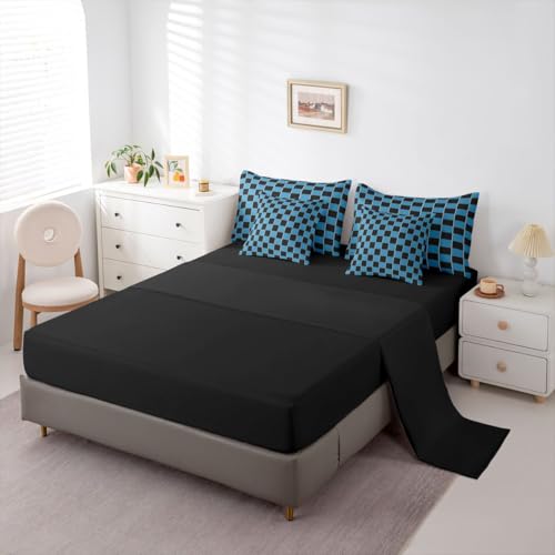 Image of Erosebridal Plaid Twin Bedding Set 7 Piece Navy Blue Black Checkerboard Bed in A Bag with Sheets Geometric Checkered Comforter Set for Kids Adults,Aesthetic Grids Bed Sets