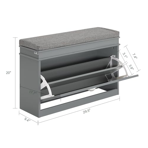 Haotian Shoe Storage Bench with Cushion, Grey Narrow Shoe Rack for Entryway, Small Shoe Cabinet with 2 Tiers Flip-Drawer, Closet Hallway Mudroom FSR82-L-HG