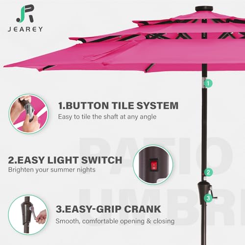 Image of JEAREY 3 Tiers Patio Umbrella with Solar Lights 9ft Outdoor Market Table Umbrellas with Push Button Tilt for Outside Pool Garden, Pink