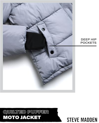 Steve Madden Quilted Moto Puffer Jacket - Heavyweight Hooded Winter Coat - Insulated Outerwear Jacket for Women (Sizes: S-XL)4