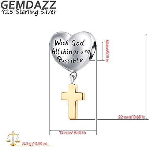 Golden Cross Religious Heart Charms With God All Things Are Possible, 925 Sterling Silver Christian Beads Fit Pandora Christmas Bracelet, Gift For Birthday/Easter/Mothers Day/Grandma #TOP5