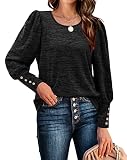 Aokosor Pullover Damen Sweatshirt Strickpullover Langarm Tops Crewneck Puffärmel Hoodie mit Knöpfen Schwarz L