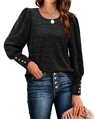 Aokosor Pullover Damen Sweatshirt Strickpullover Langarm Tops Crewneck Puffärmel Hoodie mit Knöpfen Schwarz S Cover