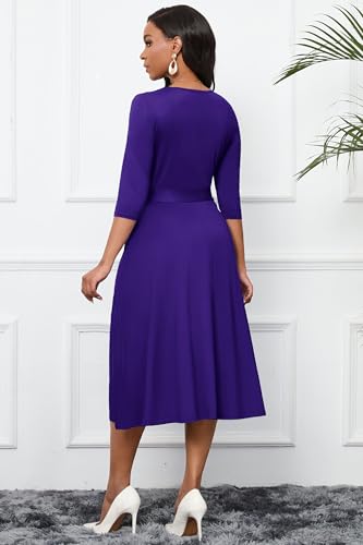 Image of CLOCOR Midi Dresses for Women Casual A-Line Fit and Flare Dress Crewneck 3 /4 Sleeve Keyhole Cocktail Party Church Dress