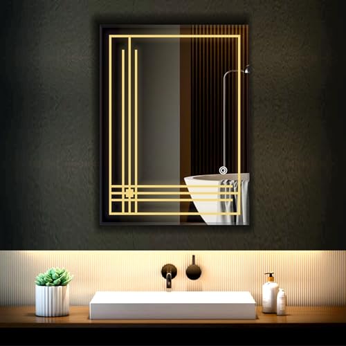 Image of LED Bathroom Wall Mirror with Decorative 3 Light Design | Touch Sensor | Warm | Natural and Cool White | for Wash Basin | Bedroom | Dressing Area Decoration (Portrait 2nd, 12x18)